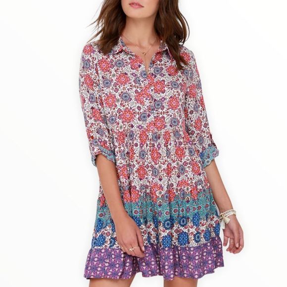 Lulu’s Once and Floral Mixed Print Shirt Dress Roll Tab Sleeves Small - Picture 1 of 16